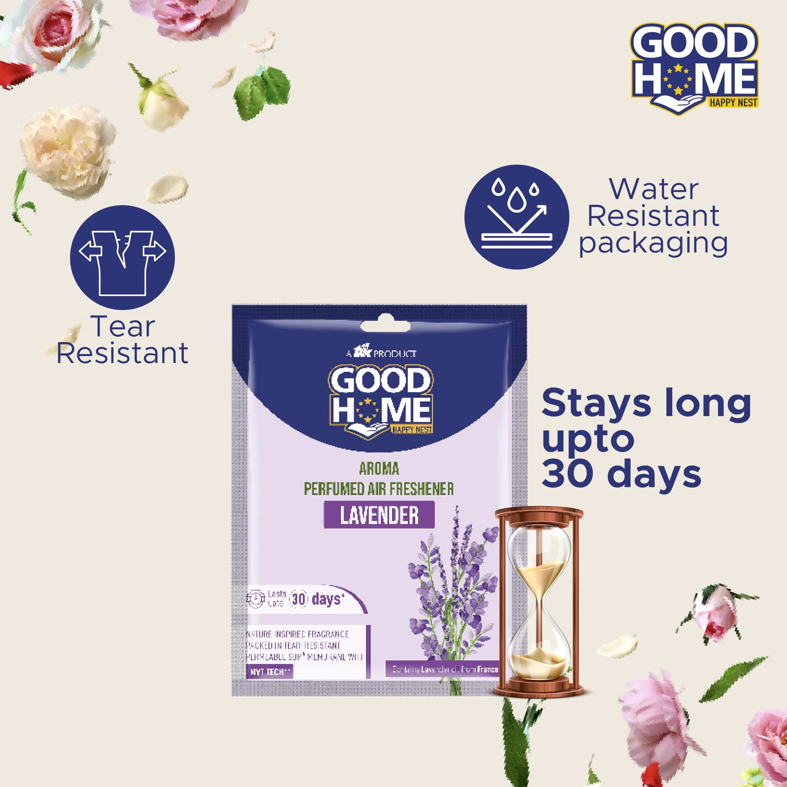 Good Home Aroma Perfumed Air Freshener Assorted Fragrance of Citrus, Rose, Jasmine, Lavender | For Bathroom, Car & Wardrobe | Lasts Up to 30 days (pack of 8)80Gg