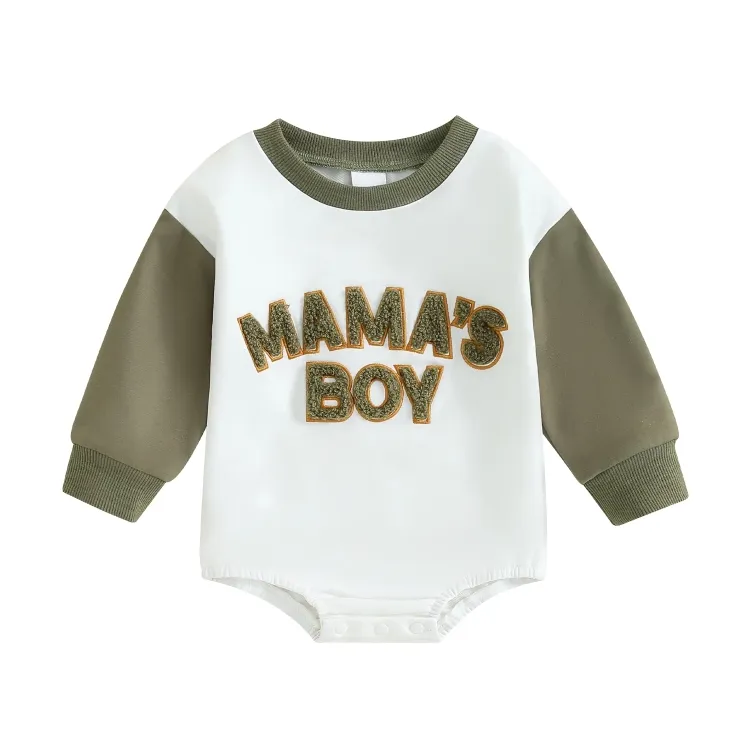 Long Sleeve "Mama's Boy" Embroidered Baby Bodysuit